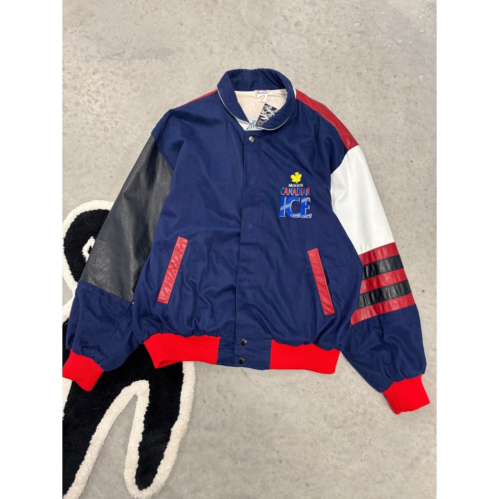 Vintage Molson Canadian Ice Beer Bomber Jacket XL Navy Red White Leather Sleeve